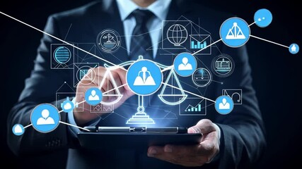 Poster - Professional Businessman Holding Tablet with Legal and Financial Graphic Elements Representing Justice and Technology in Modern Environment