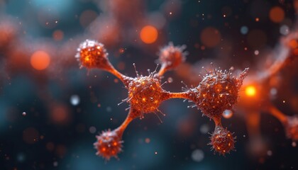 Aufkleber - Computer-generated image of molecular structure with glowing orange particles. Science, chemistry, biology concept. Atom bonds, macro detail, energy, connection, biotechnology, medical research.
