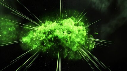 Poster - Abstract green explosion with glowing particles in space, dynamic energy burst effect, vibrant colors, cosmic background, light rays emanating from the center
