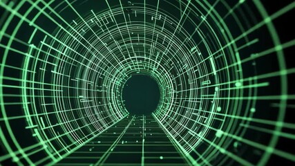 Poster - Abstract digital tunnel with glowing green lines and patterns creating a futuristic perspective, representing technology and digital innovation concepts.