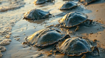 Poster - A group of horseshoe crabs gathering along a sandy shoreline during low tide. 