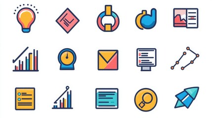 Poster - A group of vector icons illustrating marketing topics like content marketing, analytics, and branding. 