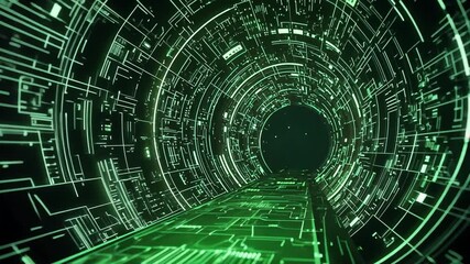 Poster - Futuristic Cyber Tunnel with Green Glowing Circuit Patterns and Digital Elements Creating a Sci-Fi Atmosphere for Technology and Innovation Concepts