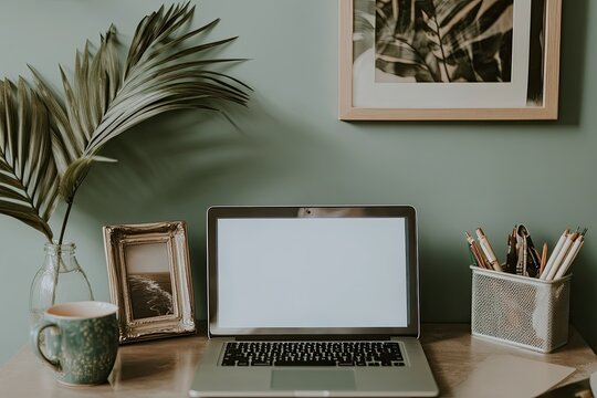 A stylish workspace with a laptop, plants, and artwork