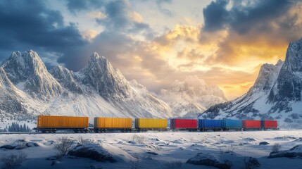Poster - Colorful cargo train traversing a snowy mountain landscape at sunset.