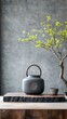 © A B I G A I L - Dark grey ceramic pot with handle, small bowl, and bonsai tree on wooden board