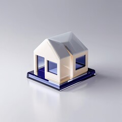 Poster - Stylish modern 3D model of a white house with blue windows placed on a reflective surface