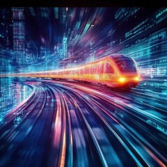 Poster - High Speed Train Through Futuristic City at Night