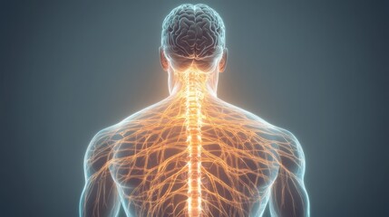 Poster - Human Nervous System Anatomy: Rear View 3D Rendering with Glowing Neural Network
