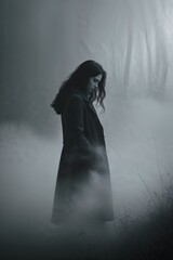 Poster - woman in a dark coat surrounded by fog in a mysterious forest setting during twilight