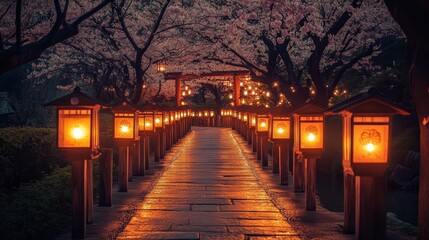 Aufkleber - Illuminated Path Through Cherry Blossoms at Night