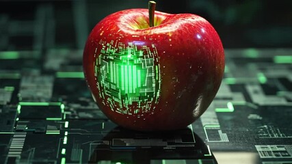 Poster - Futuristic Red Apple with Digital Patterns Glowing on Surface, Surrounded by Circuit Board Elements, Symbolizing Technology and Innovation