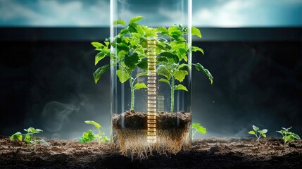 Poster - Advanced agriculture concept showing digital DNA codes blending into plant roots.
