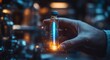 © Dewarty - Businessman Holding Glass Tube with Rocket Hologram, Symbolizing Innovation and Startup Launch