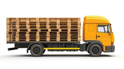Poster - Orange truck loaded with wooden pallets on a white background.
