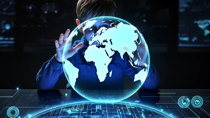 Poster - Child Interacting with Holographic Projection of Earth, Modern Technology, Digital Innovation, Future Learning Environment, Child Exploration, Science Education