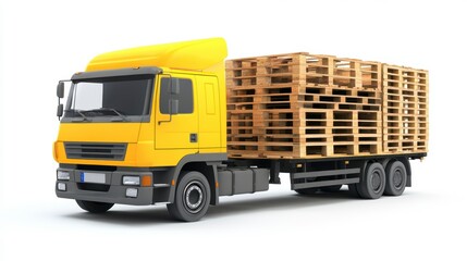 Poster - Yellow truck carrying wooden pallets on a white background.