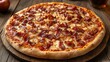 © ANAN CREATIVE THINK - A delicious pizza topped with crispy bacon and cheese, served on a wooden board, showcasing a mouthwatering combination of flavors.