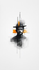 Poster - Monochromatic portrait of a man in a hat, overlaid with geometric lines and a bold orange accent