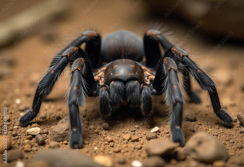 Tarantulai A black tarantula with hairy legs and brown spots on its abdomen ...
