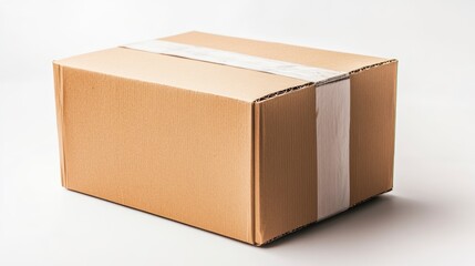 Poster - Closed cardboard box sealed with white tape on white background.