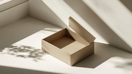 Poster - Empty light brown cardboard box slightly opened on a white surface with shadows from sunlight and leaves.