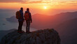 © miss irine - Two hikers enjoy mountain view at sunset. Men stand on cliff admiring scenic landscape. Backpackers on top of peak with sea, lake at colorful sunset, travel adventure.
