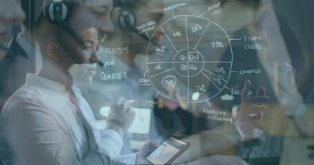 Poster - Discussing financial chart, business team using digital tablet in office animation
