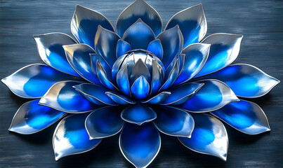 Poster - metallic blue flower, detailed petals, reflective surface, dark background. elegant and modern desig