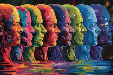Poster - Colorful sculptures of human heads on display at an outdoor art installation in a vibrant urban park during a sunny afternoon event