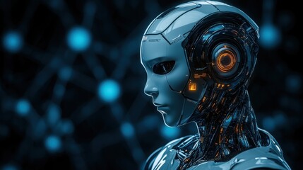 Poster - Robot with headphones engaged in ai-driven autonomous decision making and advanced technologies for enhanced communication
