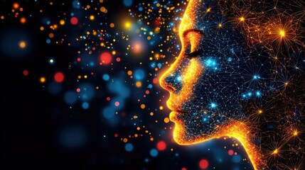 Poster - Woman's face surrounded by a network of glowing lights symbolizing ai-driven content creation for enhanced digital engagement