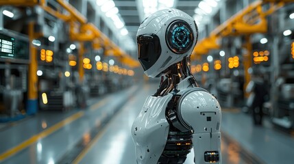 Poster - Robot standing in an industrial factory environment representing predictive maintenance in banking operations
