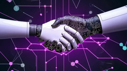 Poster - A Futuristic Representation of Collaboration Between Human and Robot Hands Symbolizing Partnership in Technology and Innovation in a Digital World