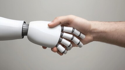 Poster - Robot engaging in a friendly handshake with a businessman signifying ai collaboration in the corporate world