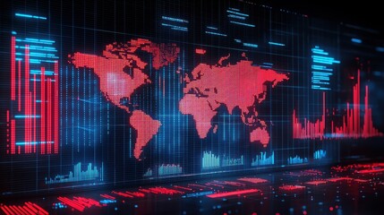 Poster - A high-tech digital screen displaying a world map with data visualization representing global economic trends
