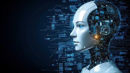 Poster - Robot head with intricate circuitry in the background representing cutting-edge technology for financial fraud detection