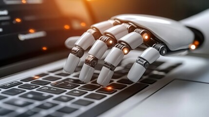 Poster - Advanced robot typing on laptop keyboard illustrating ai-powered accessibility in education and learning platforms