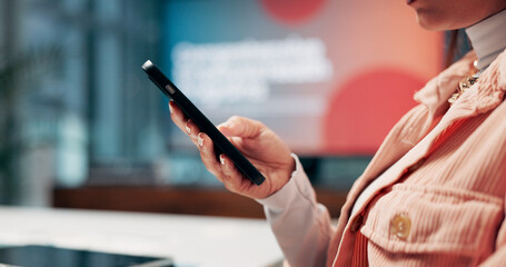 Poster - Business, hands and woman in office, smartphone and communication with social media manager. Closeup, person and employee with cellphone, company website and digital app for message, faq and about us