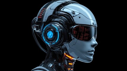 Poster - Futuristic robot head with illuminated blue light representing advanced ai-powered skill development technologies