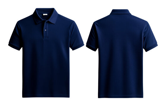 fashionable unisex dark blue polo t-shirt, front and back views, cut out transparent