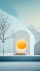 Poster - Serene winter landscape with minimalist architecture and a warm sun