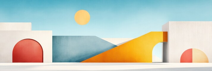 Poster - Minimalist architectural scene featuring geometric shapes, vibrant colors, and a sun