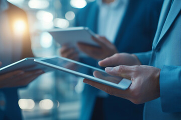 Poster - Close up of business people using tablets in a bright office setting with a modern aesthetic look