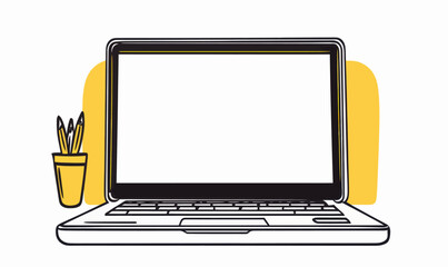 Poster - Minimalist Vector Drawing of Laptop with Pen Holder for Modern Workspace Design