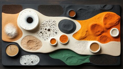 Poster - Abstract art depicting various powders and liquids in swirling patterns on a dark surface