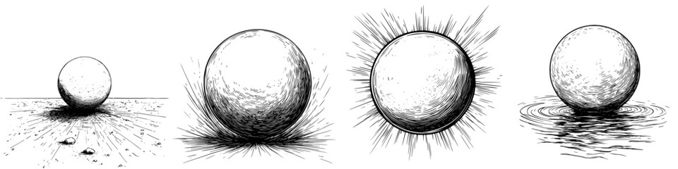 Poster - Illustrating the journey of a sphere from land to water in various artistic styles