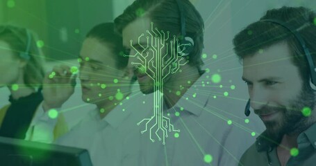 Poster - Digital circuit overlay animation with customer service team working in office
