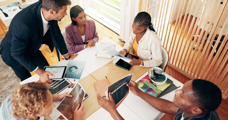 Poster - Technology, future or business people in meeting with charts for ai automation, stats or sustainability. Machine learning, teamwork or strategy for climate change info, chemistry module or discussion