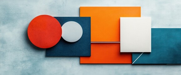 Poster - Abstract geometric shapes in orange, teal, and navy blue.  Red and white circles add contrast